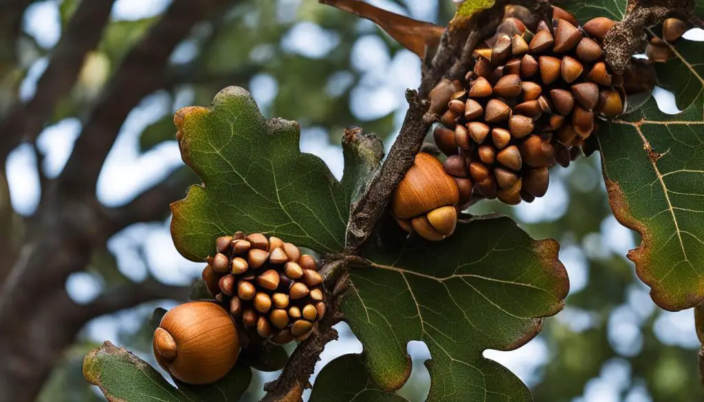 oak tree acorns and maple tree helicopter seeds