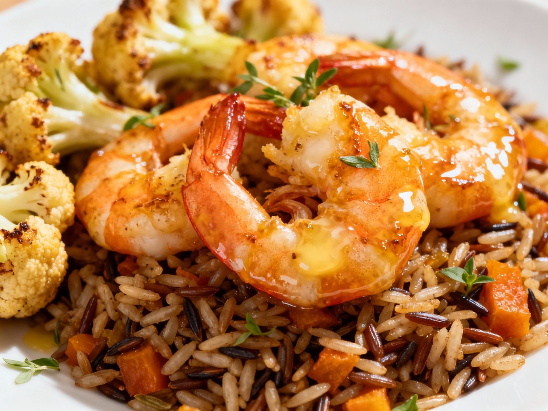 12. Garlic Butter Shrimp with Autumn Wild Rice Pilaf and Roasted Cauliflower