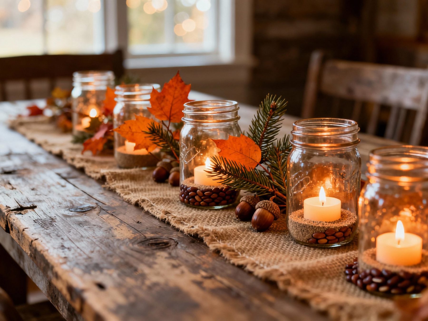 Idea 3: Burlap Table Runner with Mason Jar Candles
